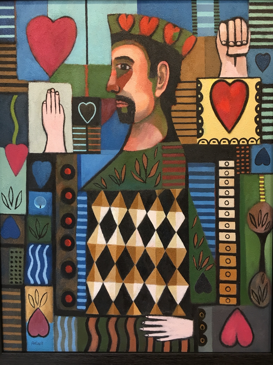 A colorful geometric oil painting shows a stylized man surrounded by hearts, hands, patterns and bold blocks of color.