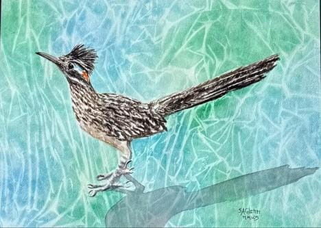 A watercolor roadrunner stands on a branch against a turquoise and blue textured background.