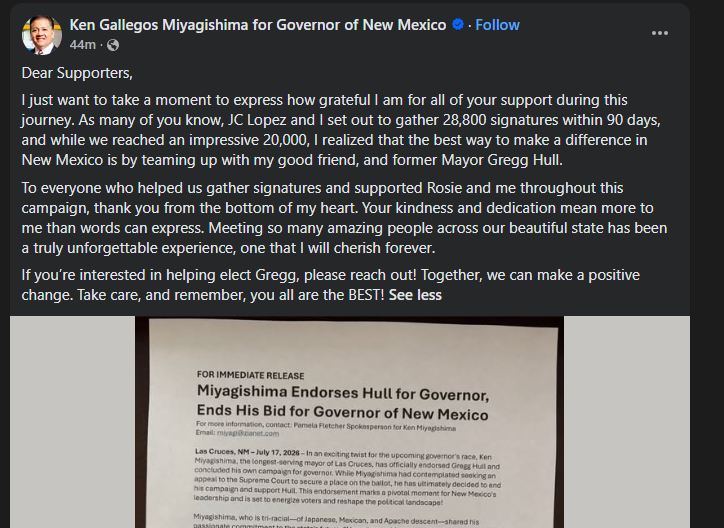 A Facebook post from Ken Miyagishima thanks supporters, says he ended his campaign for governor and urges them to help elect Gregg Hull.