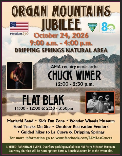 Promotional flyer for the Organ Mountains Jubilee on Oct. 24 at Dripping Springs Natural Area featuring event details, musical performances and family activities.