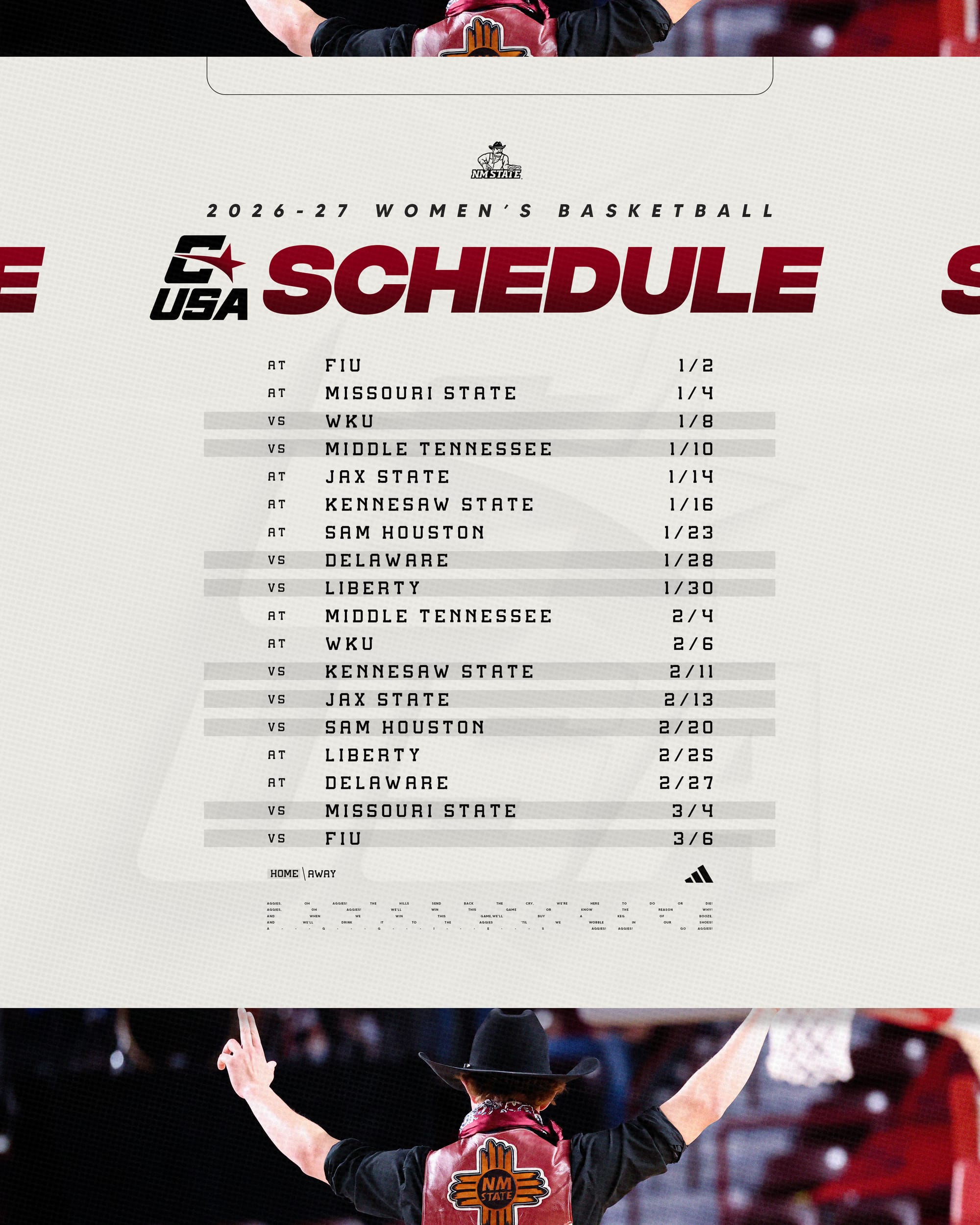 NM State women’s basketball’s 2026-27 Conference USA schedule lists 18 games from Jan. 2 through March 6, with nine home games and nine road games.