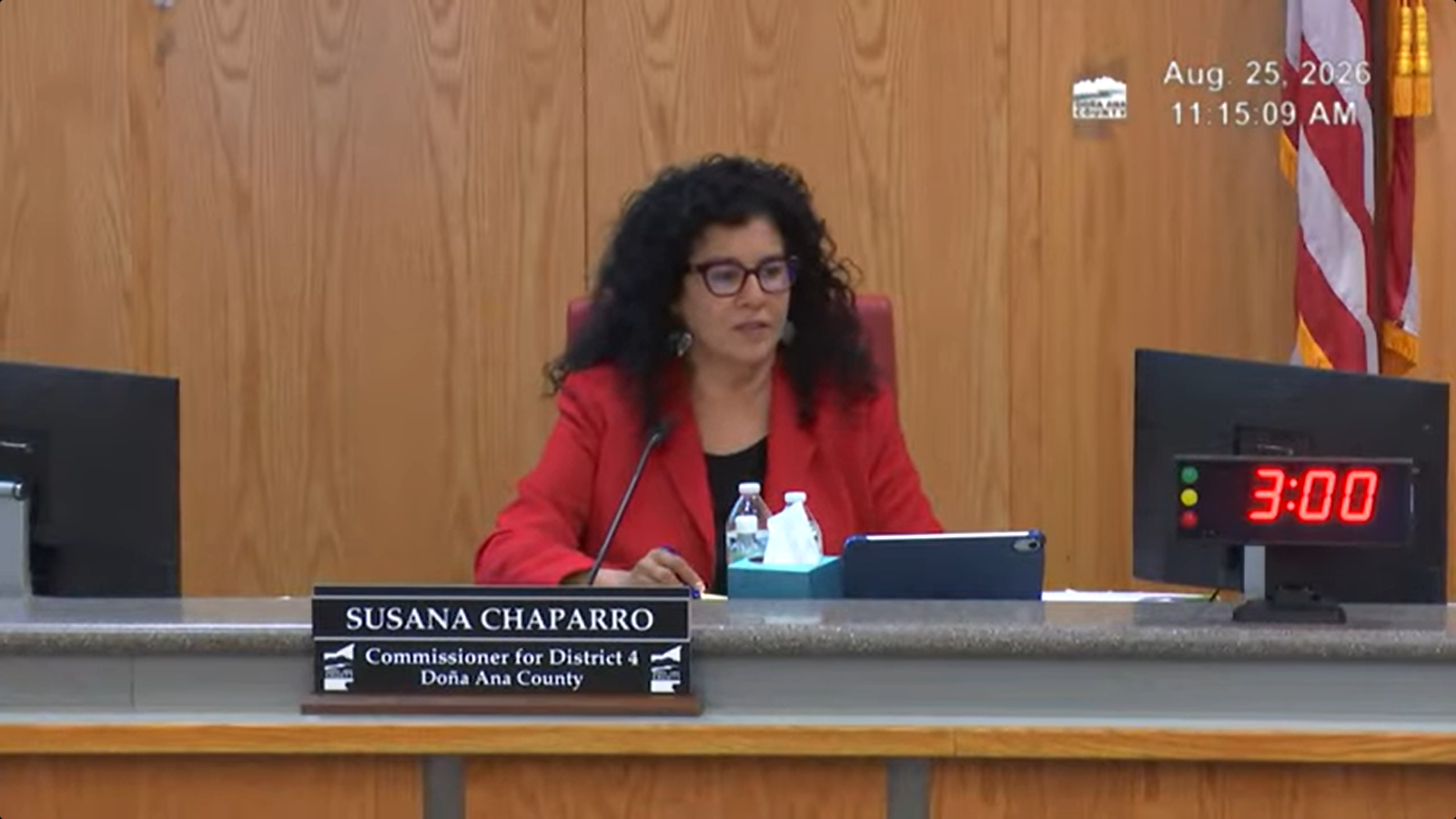 Doña Ana County Commissioner Susana Chaparro speaks from the dais during an Aug. 25, 2026, County Commission meeting.