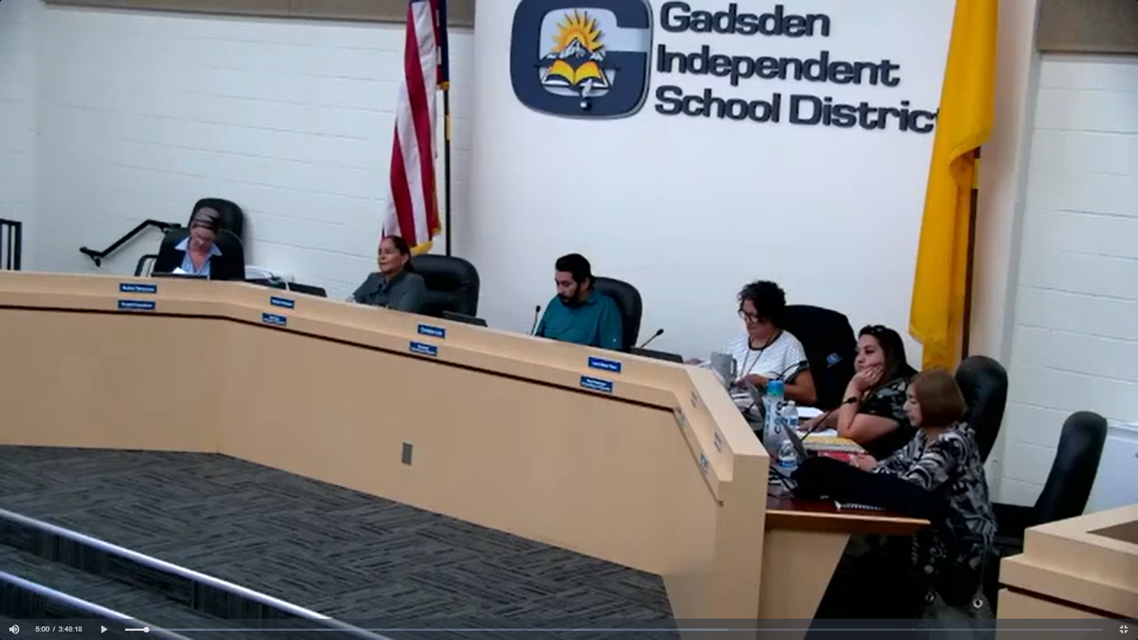 Members of the Gadsden Independent School District Board of Education sit at the dais during an Aug. 13 meeting in Sunland Park.