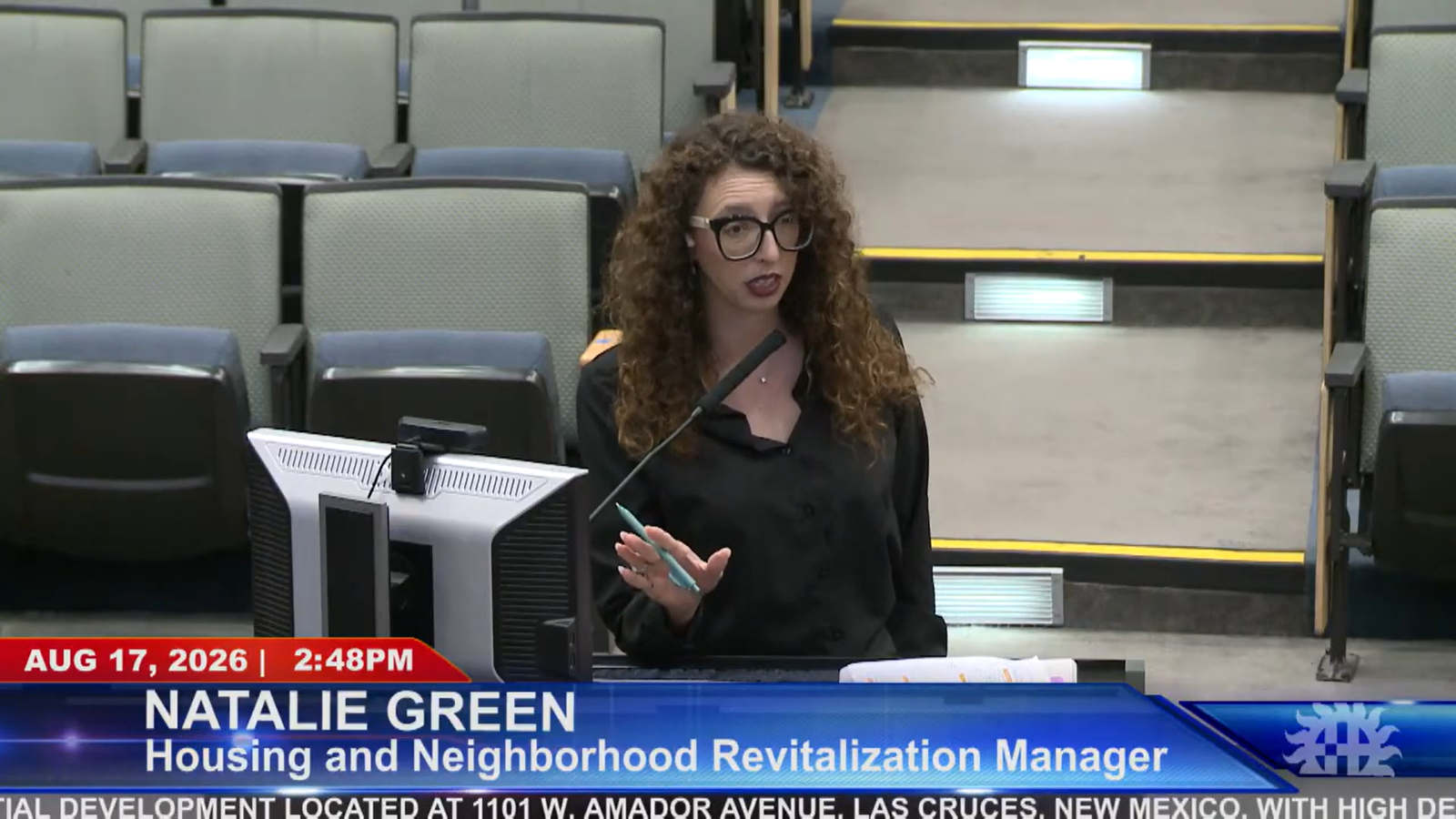Natalie Green speaks at a podium during the Aug. 17 Las Cruces City Council meeting while discussing Amador Crossing.