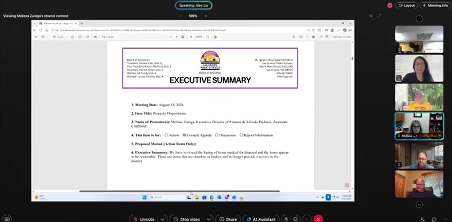 Screenshot of an LCPS Finance Subcommittee virtual meeting showing a property dispositions document shared on screen and several meeting participants in a video grid.