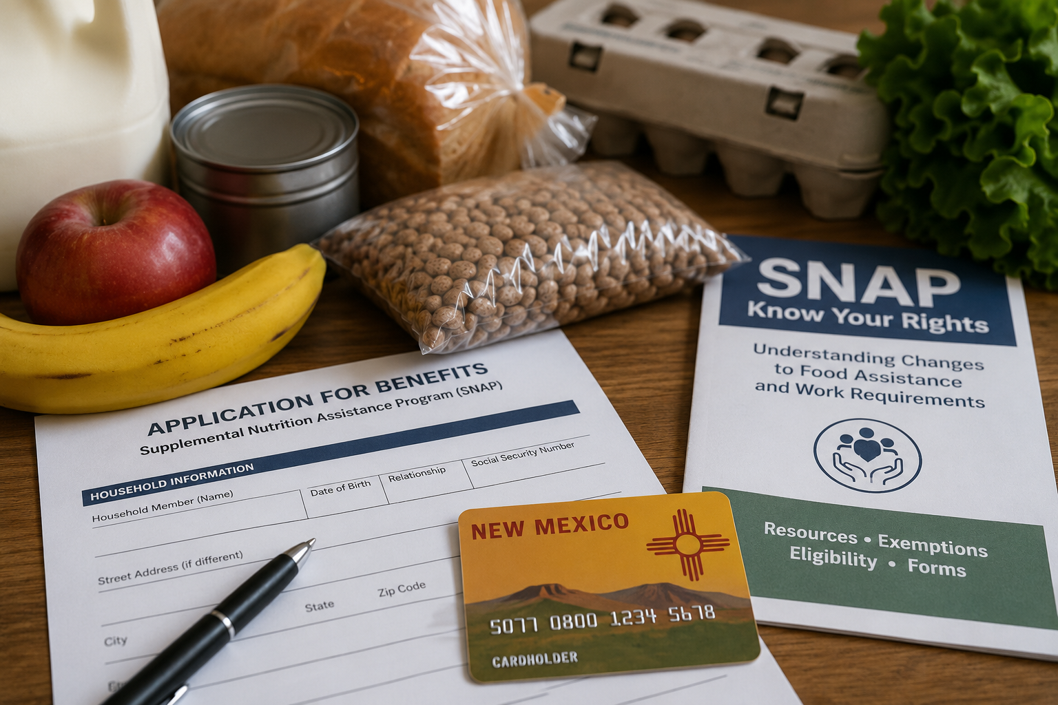 Groceries, a SNAP application, a New Mexico benefits card and a “Know Your Rights” guide are arranged on a table.