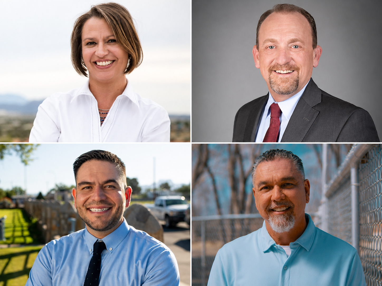 A four-photo composite shows Stephanie Garcia Richard, Gregg Hull, Gabe Vasquez and Greg Cunningham, New Mexico candidates scheduled to speak at NMSU’s Domenici conference.