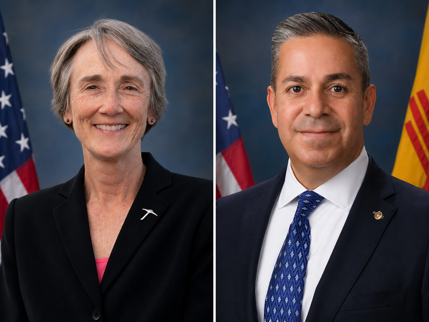 A side-by-side image shows Heather Wilson, left, and U.S. Sen. Ben Ray Luján, keynote speakers at NMSU’s Domenici Public Policy Conference in Las Cruces.