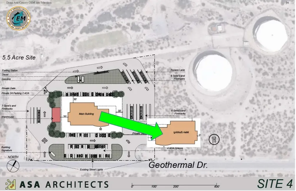 Site plan showing the proposed 5.5-acre Doña Ana County emergency management facility near NMSU water tanks along Geothermal Drive, now Tortugas Trail.