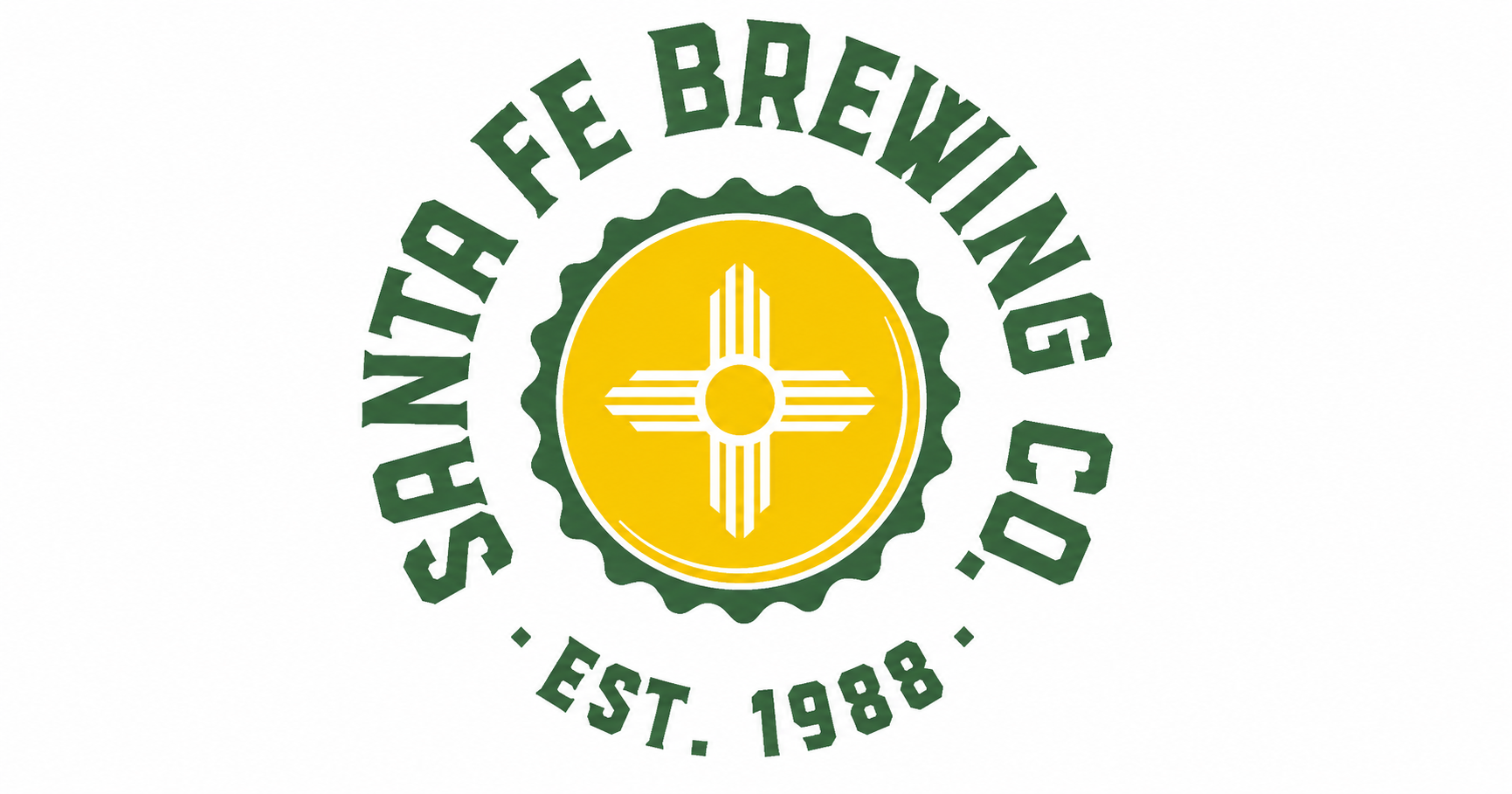 Santa Fe Brewing Co. logo featuring a yellow Zia symbol inside a green circular emblem with the brewery name and “Est. 1988.”