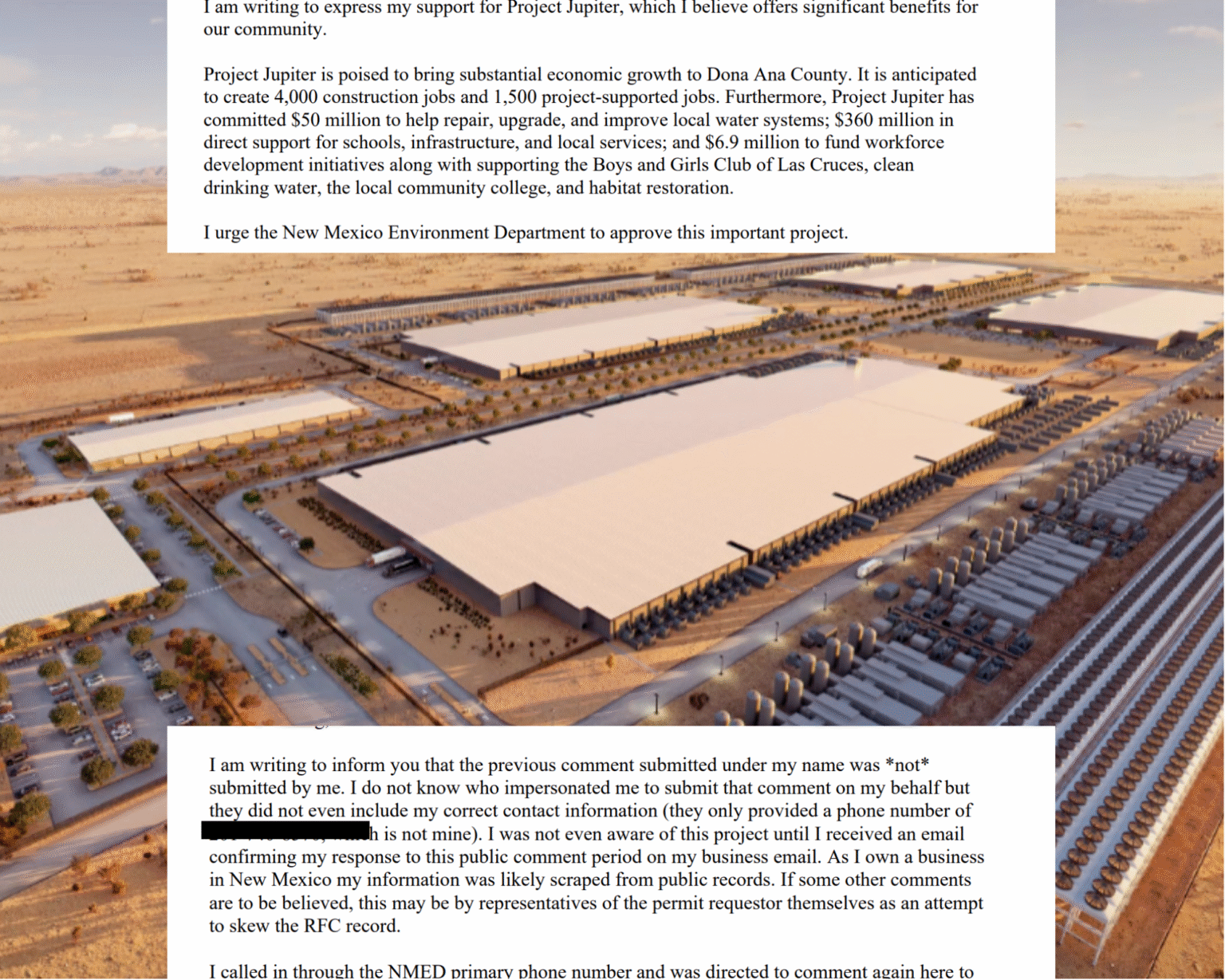 A rendering of Project Jupiter appears beside public comments alleging a resident’s name was used without permission on a letter supporting the development.