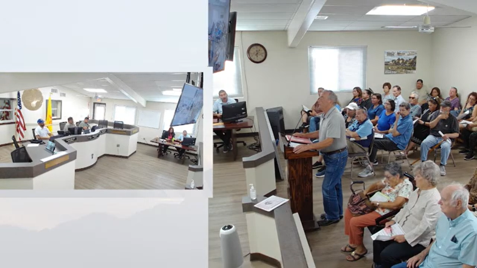 A large crowd attends the Aug. 12 Sunland Park Planning and Zoning Commission meeting as a man speaks at the lectern before the commission.