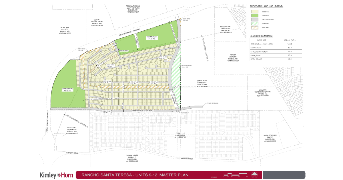 Master plan for Rancho Santa Teresa Units 9-12 showing proposed residential lots, commercial areas, streets, open space and future road connections.