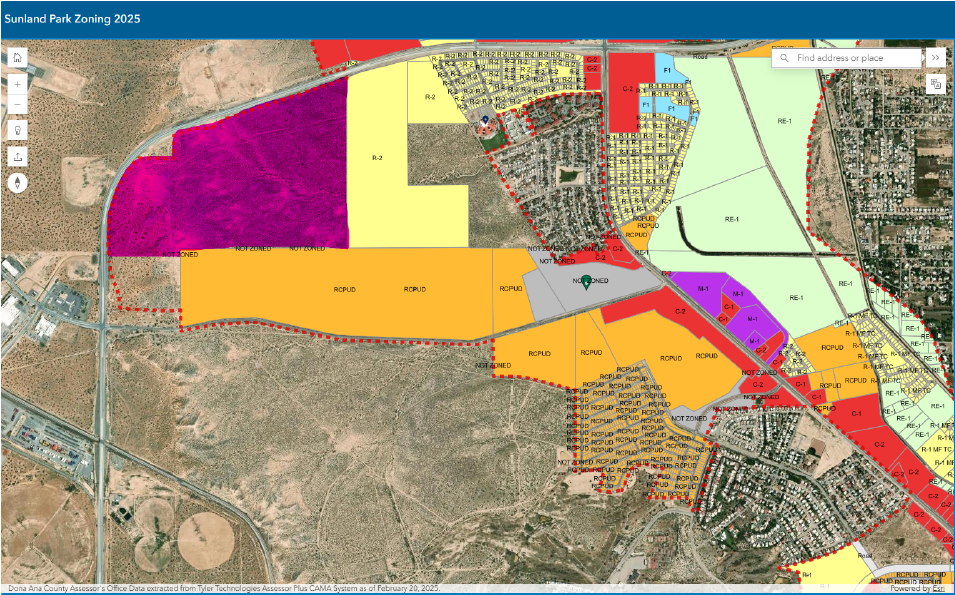 Sunland Park zoning map showing the Rancho Santa Teresa annexation area and surrounding residential, commercial and planned-unit development zones.
