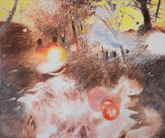 Shirley Crow’s Still Together, an abstract oil painting with swirling brown, white and pink forms, bright yellow light and red circular accents.