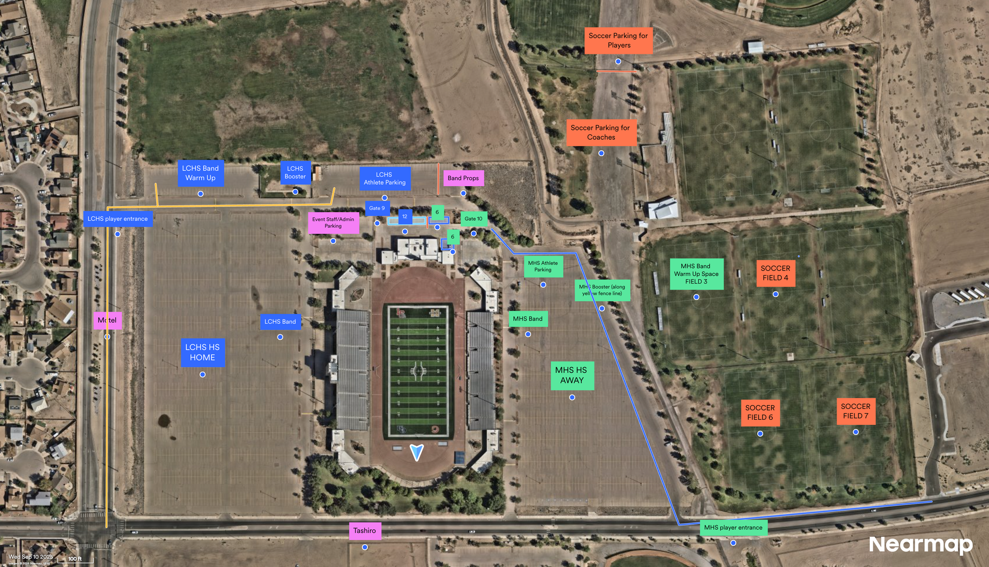Aerial map of the Field of Dreams showing designated parking, entrances and staging areas for Las Cruces High and Mayfield fans, bands, athletes and staff.