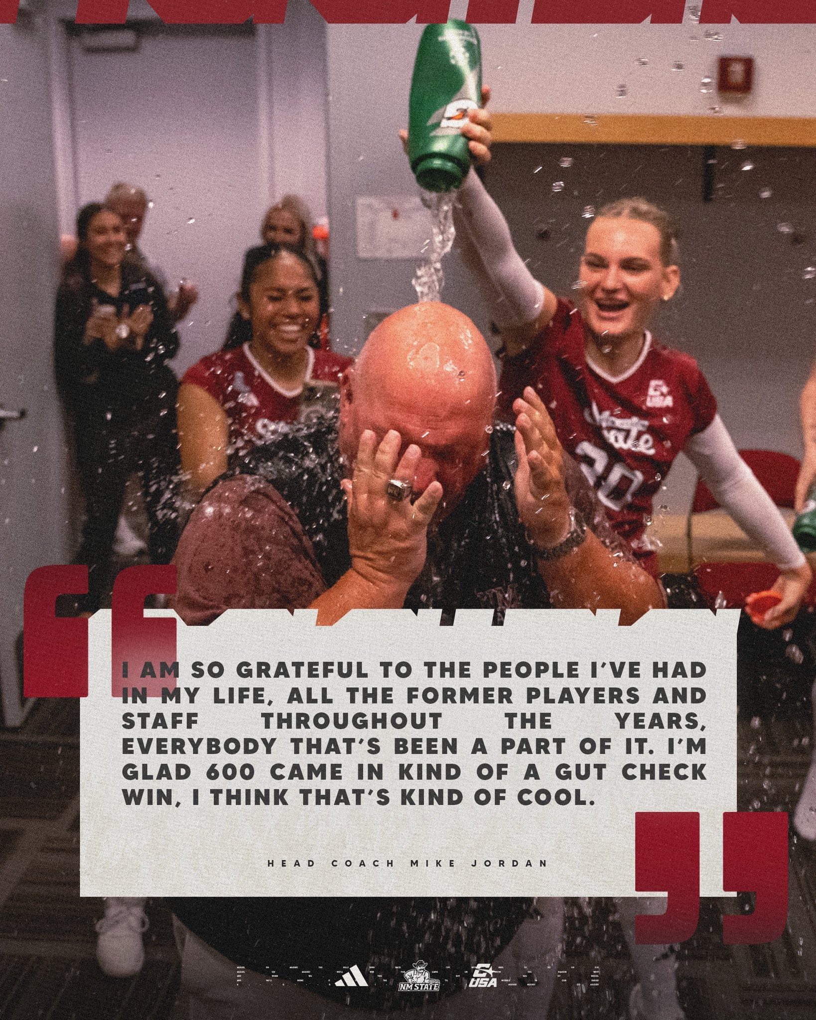NM State volleyball players pour water over head coach Mike Jordan as a graphic quotes him reflecting on his 600th career victory.