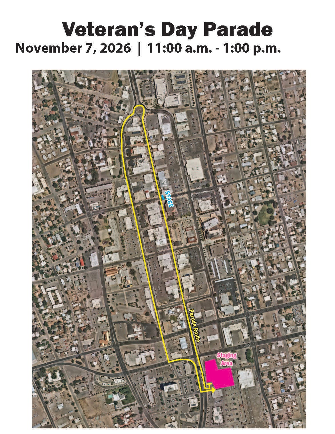 Las Cruces Veterans Day Parade poster featuring patriotic artwork, the Nov. 7, 2026, event date and information about the downtown parade route.