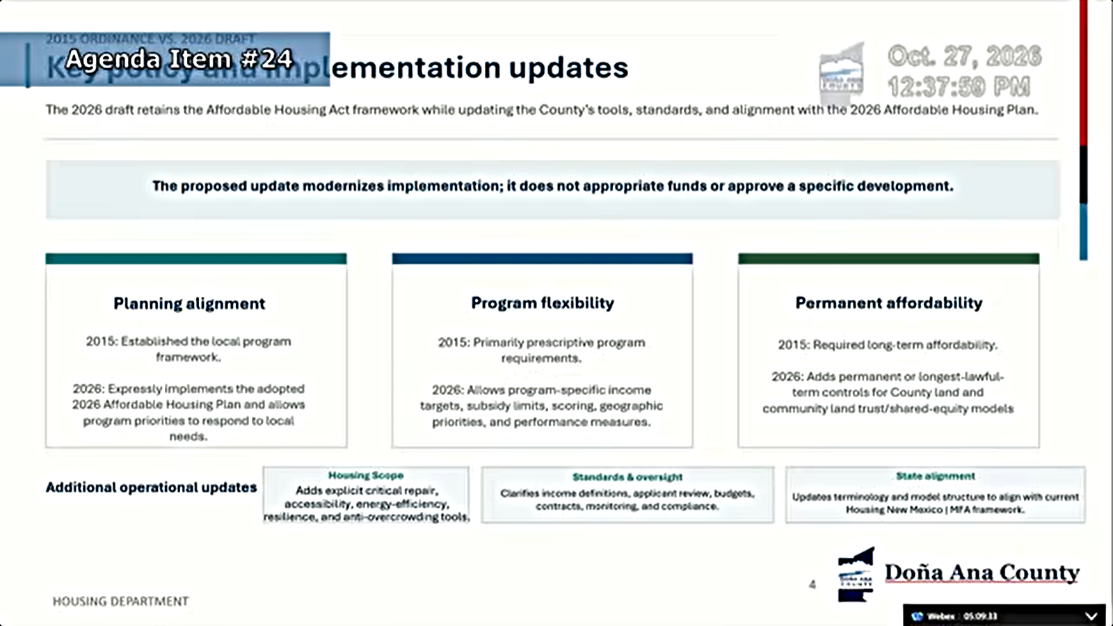 County Housing Department slide comparing 2015 and proposed 2026 affordable housing rules, including planning, program flexibility and permanent affordability.