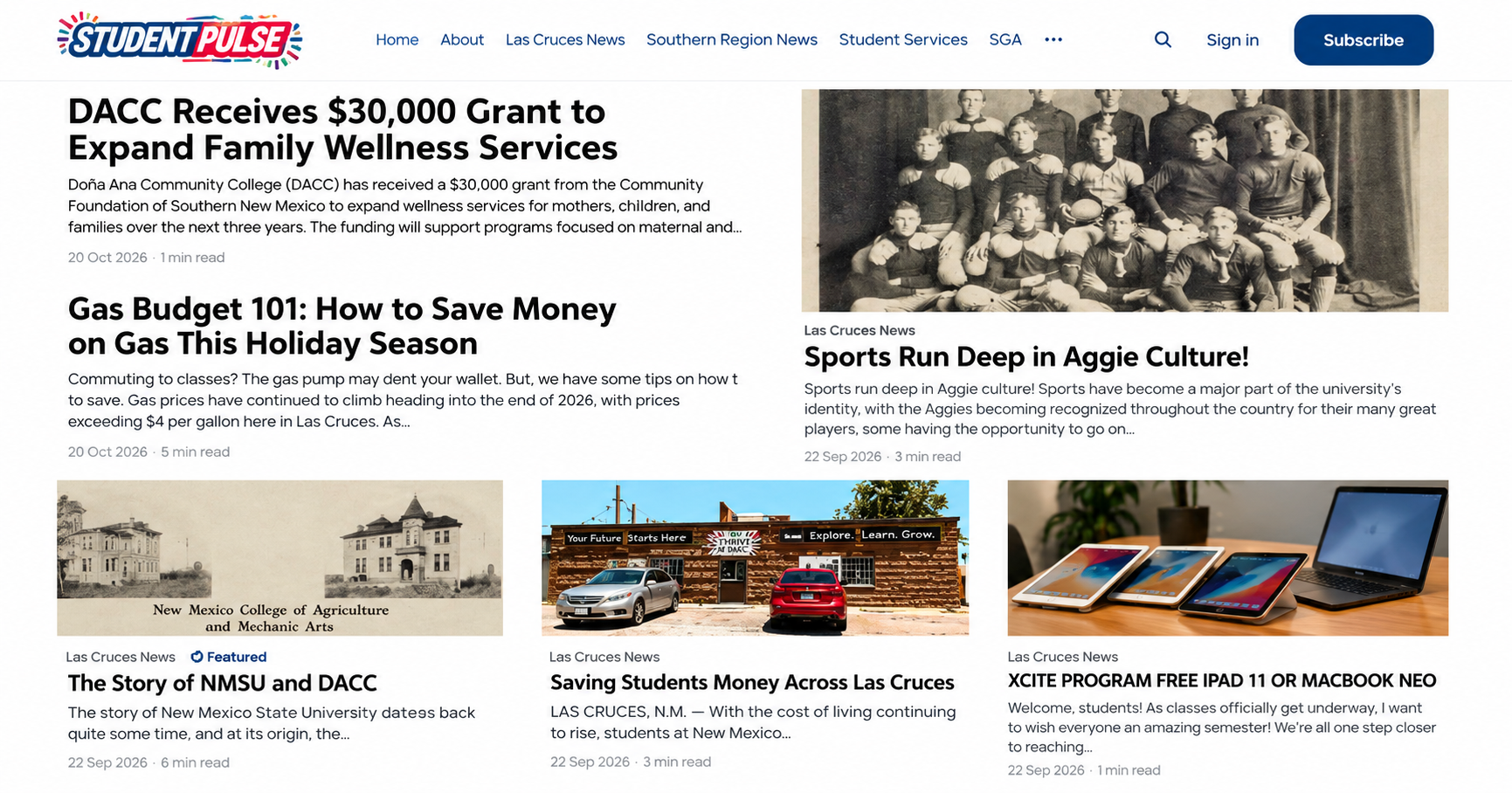 Screenshot of The Student Pulse website showing articles on family wellness, gas prices, Aggie sports, NMSU history, student savings and technology programs.