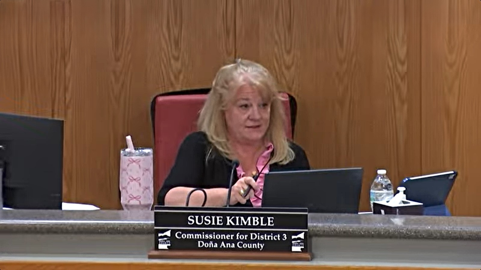 Doña Ana County Commissioner Susie Kimble speaks from the dais during the Oct. 13 County Commission meeting.