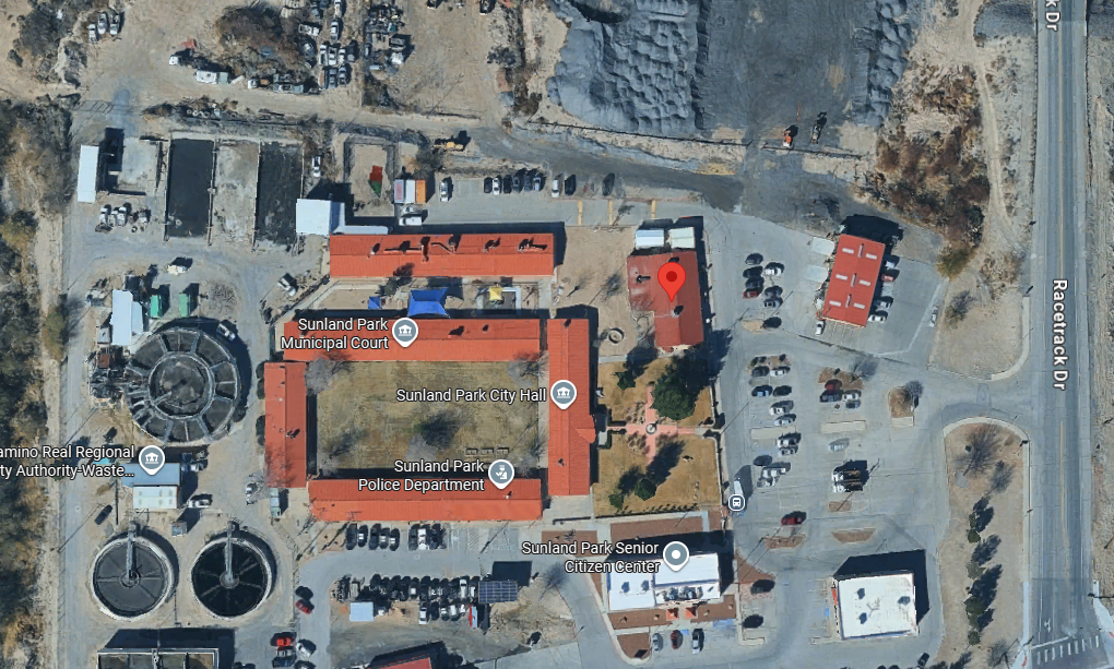 Satellite view of the Sunland Park municipal complex, showing City Hall, Municipal Court, the Police Department and surrounding parking areas.