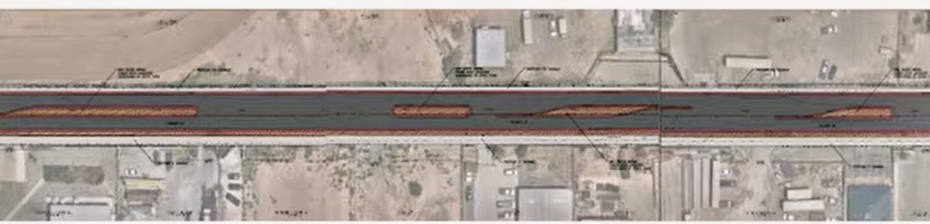 Sunland Park's Futurity Drive paving plan shows an overhead roadway design with landscaped center medians, displayed during an Oct. 20 City Council meeting.