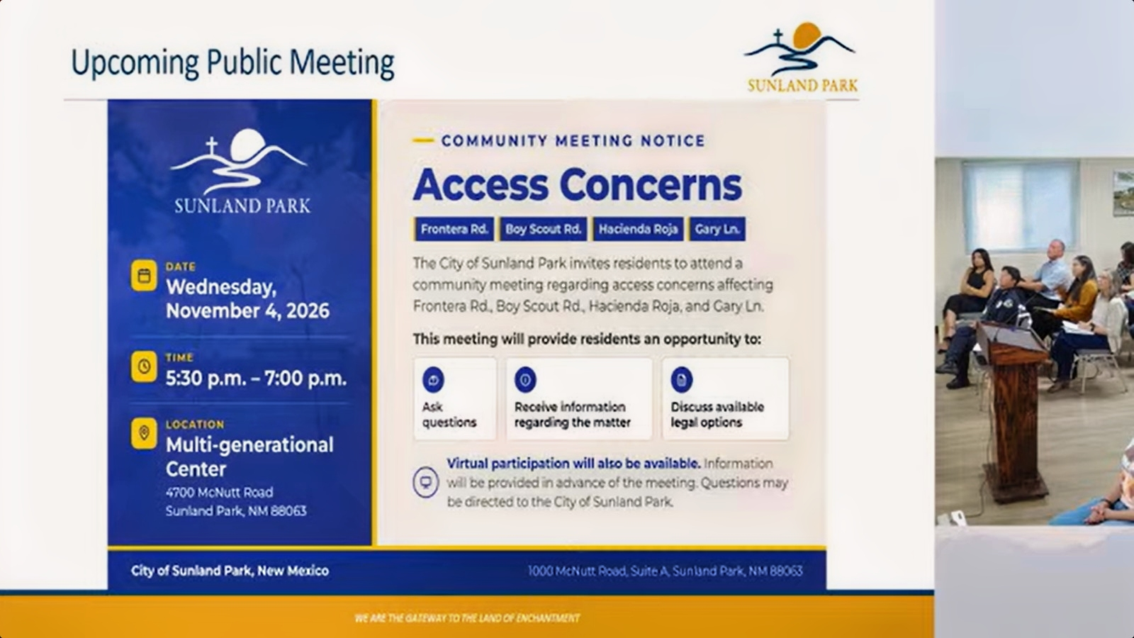 Sunland Park's community meeting notice lists Nov. 4, 5:30-7 p.m., at the Multigenerational Center, to discuss road-access concerns and legal options.