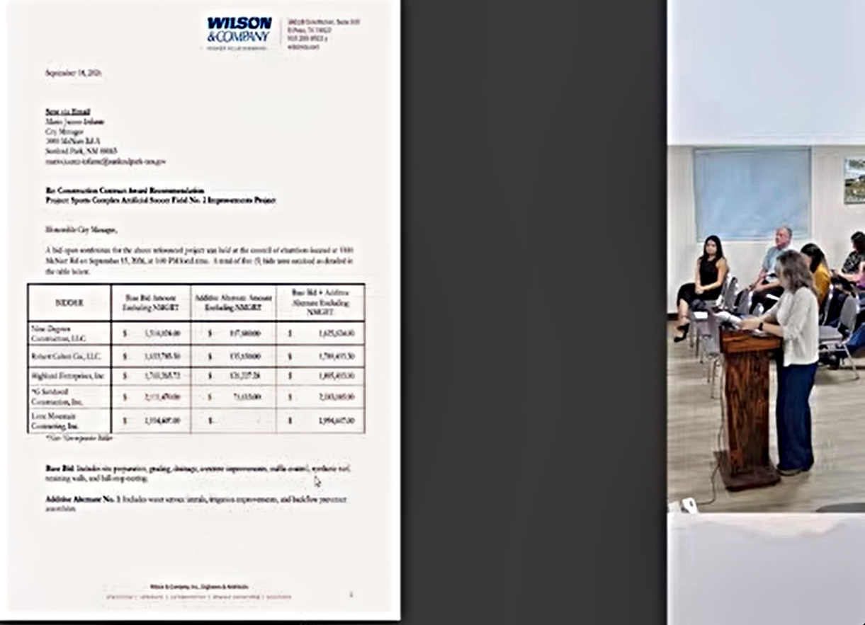 Bridget Fuller of Wilson & Company speaks at a podium during a Sunland Park City Council meeting as a bid comparison document appears on screen.