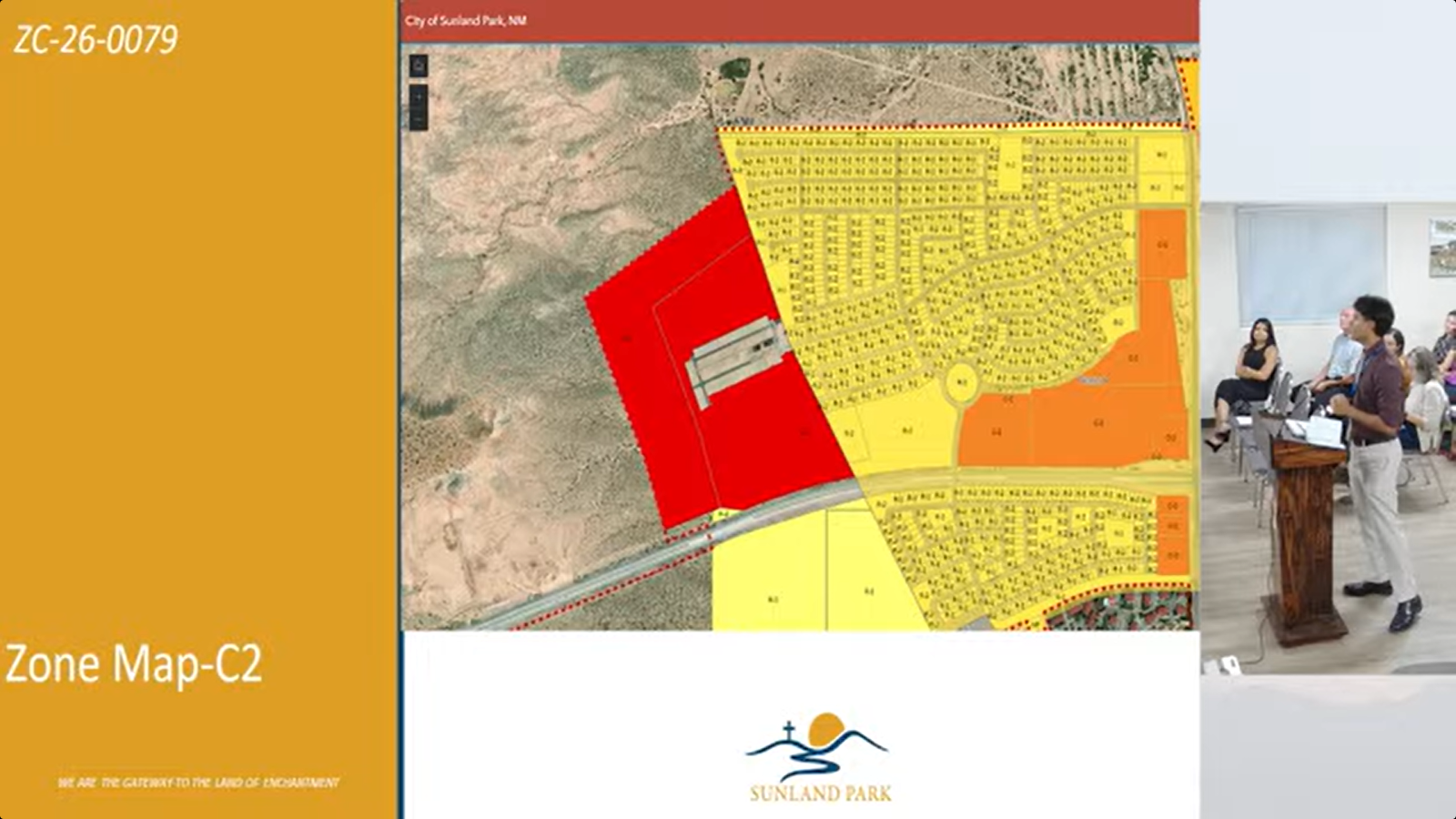 A Sunland Park zoning map shows the proposed Valencia Park Unit 12 development area highlighted in red, surrounded by yellow and orange zoning districts.