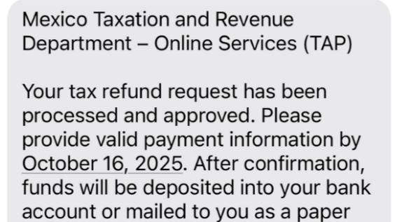 New Mexico Taxation and Revenue warns of scam text messages