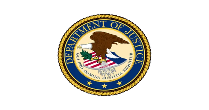 Official seal of the U.S. Department of Justice, featuring a bald eagle clutching an olive branch and arrows, with a blue border and gold rope edge.