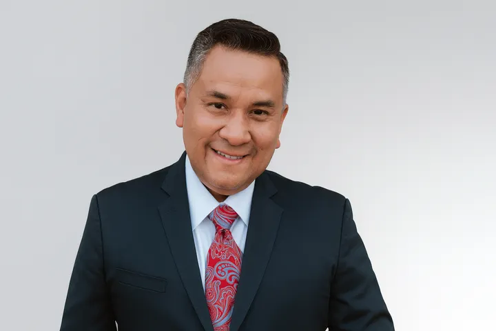 John Muñoz smiles while wearing a dark suit and red patterned tie, standing against a plain light background.