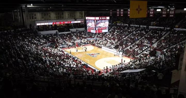 Interior of the Pan American Center at New Mexico State University, showing the basketball court and seating areas under the arena’s domed roof.