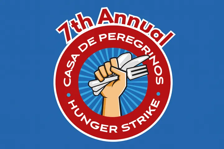 Casa de Peregrinos Hunger Strike logo with a raised fist holding utensils against a blue background.