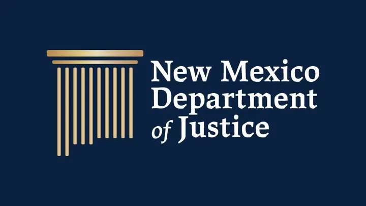 New Mexico Department of Justice logo with stylized gold column and text on a dark blue background.
