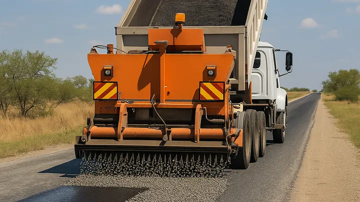 ChatGPT said:  A road maintenance truck spreads gravel over a layer of oil during a chip sealing operation on a rural roadway.