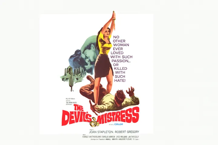 Poster for the 1965 film The Devil’s Mistress showing a woman holding a dagger over a man, with a kissing couple and desert scene in the background.