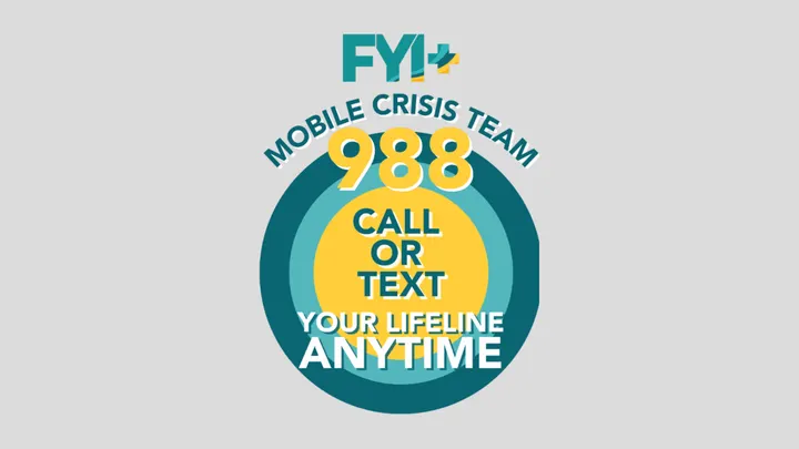 Graphic promoting FYI+ Mobile Crisis Team. The teal and yellow circular design reads “Mobile Crisis Team 988 — Call or Text — Your Lifeline Anytime,” with the FYI+ logo at the top.