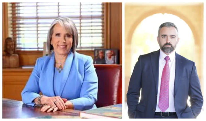 Gov. Michelle Lujan Grisham sits at her desk in a light blue jacket, and Attorney General Raúl Torrez stands outdoors in a navy suit and red tie.