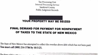 Example of fake mail notice threatening property seizure for unpaid taxes and listing a fraudulent 800 number.