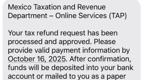 Screenshot of a fake text message claiming to be from the New Mexico Taxation and Revenue Department, asking for payment information and linking to a fraudulent website.