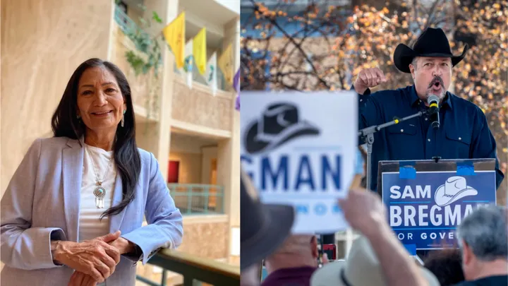 Composite image showing Democratic frontrunners in New Mexico’s 2026 governor race: Deb Haaland standing indoors and Sam Bregman speaking at a campaign rally to supporters.