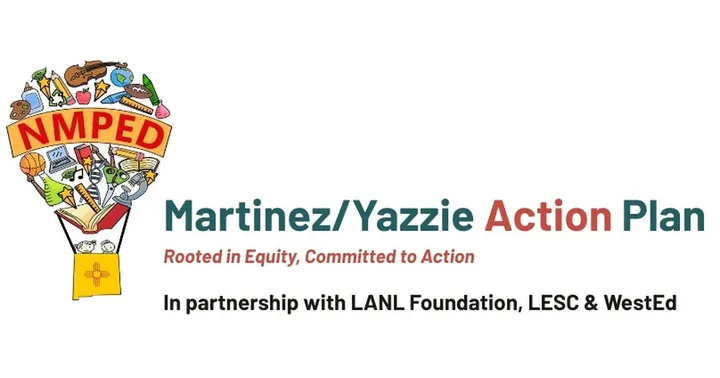 The Martinez/Yazzie Action Plan logo shows a lightbulb with colorful education icons beside text reading “Rooted in Equity, Committed to Action.”