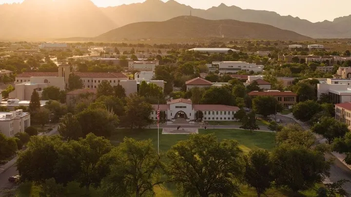Aerial view of the New Mexico State University campus in Las Cruces, New Mexico.