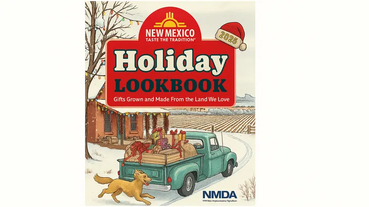 Cover of the 2025 New Mexico Taste the Tradition Holiday Lookbook showing a snowy rural scene with a teal pickup of gifts, a dog, farmhouse and holiday lights.