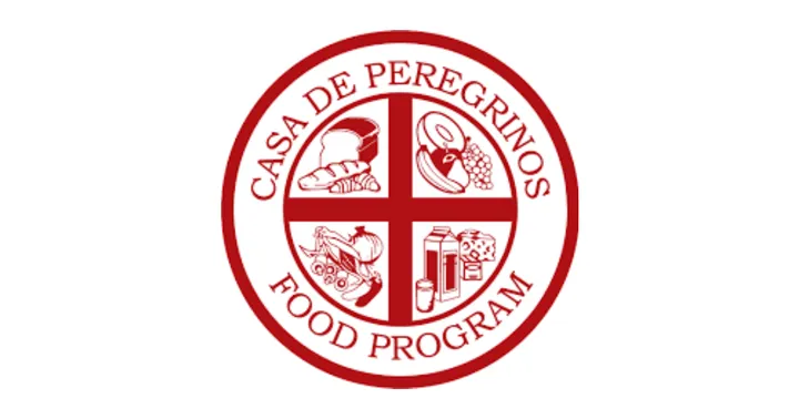 Casa de Peregrinos Food Program logo featuring food icons inside a red circular seal.