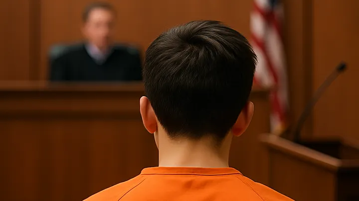 A juvenile male seen from behind in a courtroom, wearing an orange jail jumpsuit and facing a judge seated at the bench, with the American flag visible in the background.