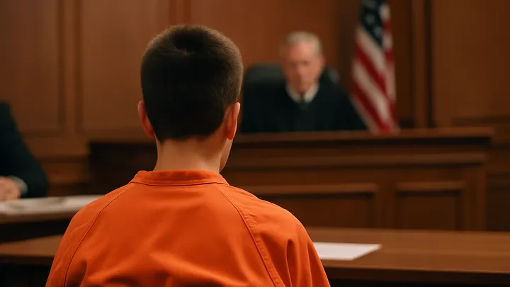 A juvenile male, seen from behind in an orange jail jumpsuit, sits in a courtroom facing a judge seated at the bench, with wood paneling and an American flag in the background.