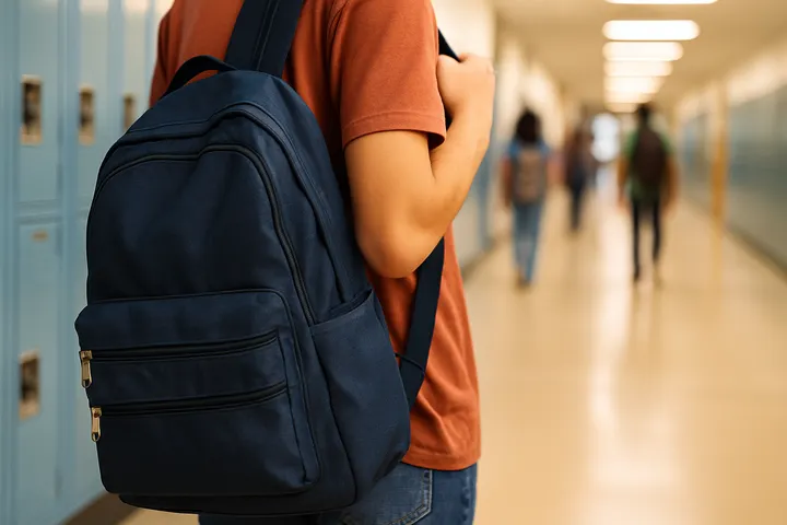Unidentified student wearing a backpack walking down a school hallway with lockers and soft overhead lighting